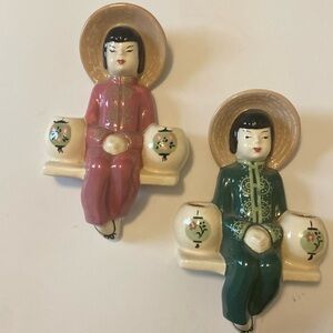 Set of 2 Asian lady wall hangings, pink/grn